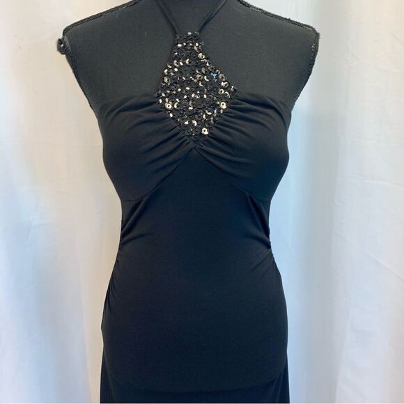 Black sequin halter top stretchy flowy evening cocktail dress Sz XS - Picture 3 of 14